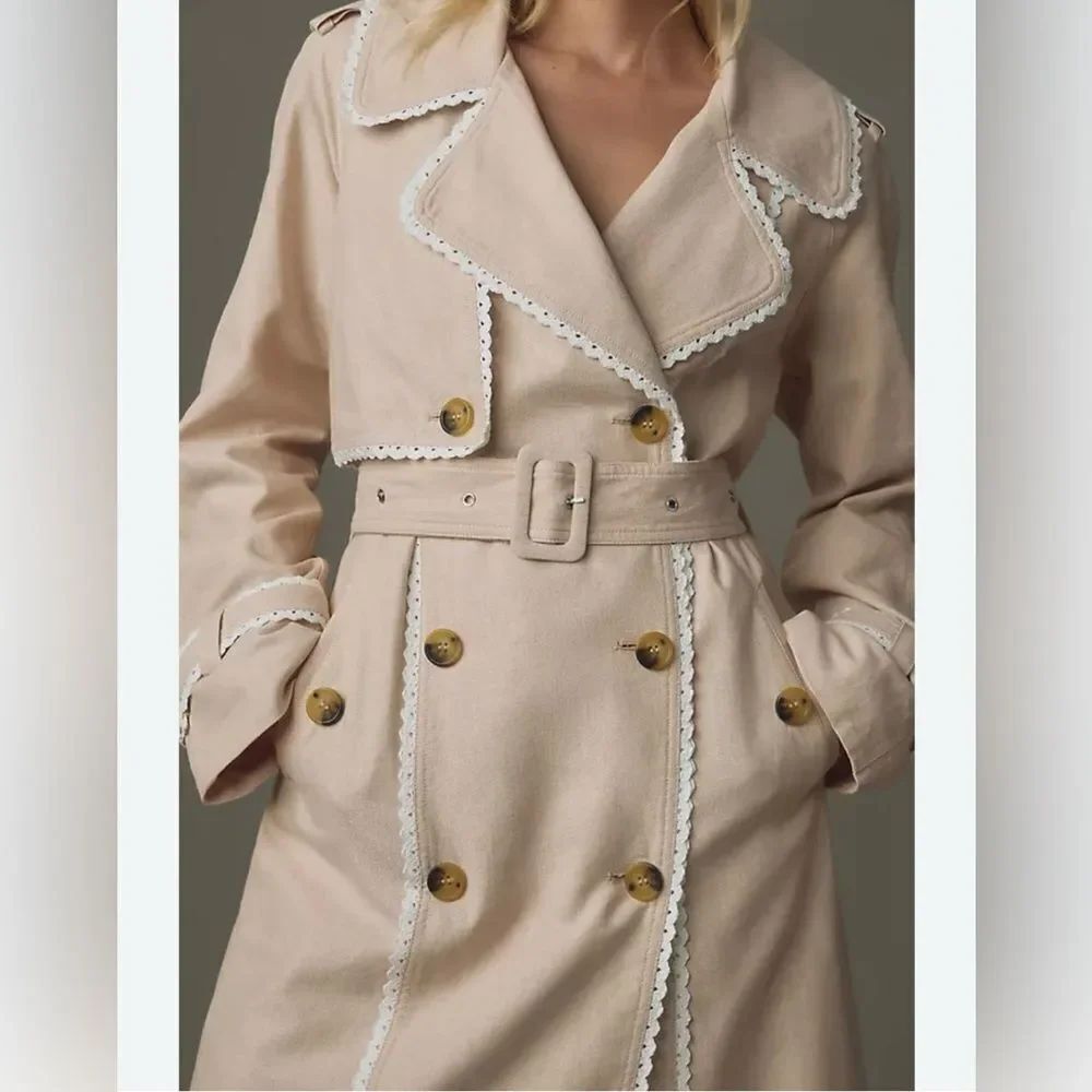 Avec Les Filles Anthropologie Rickrack Trench coat Beige Small Cotton Linen Lace